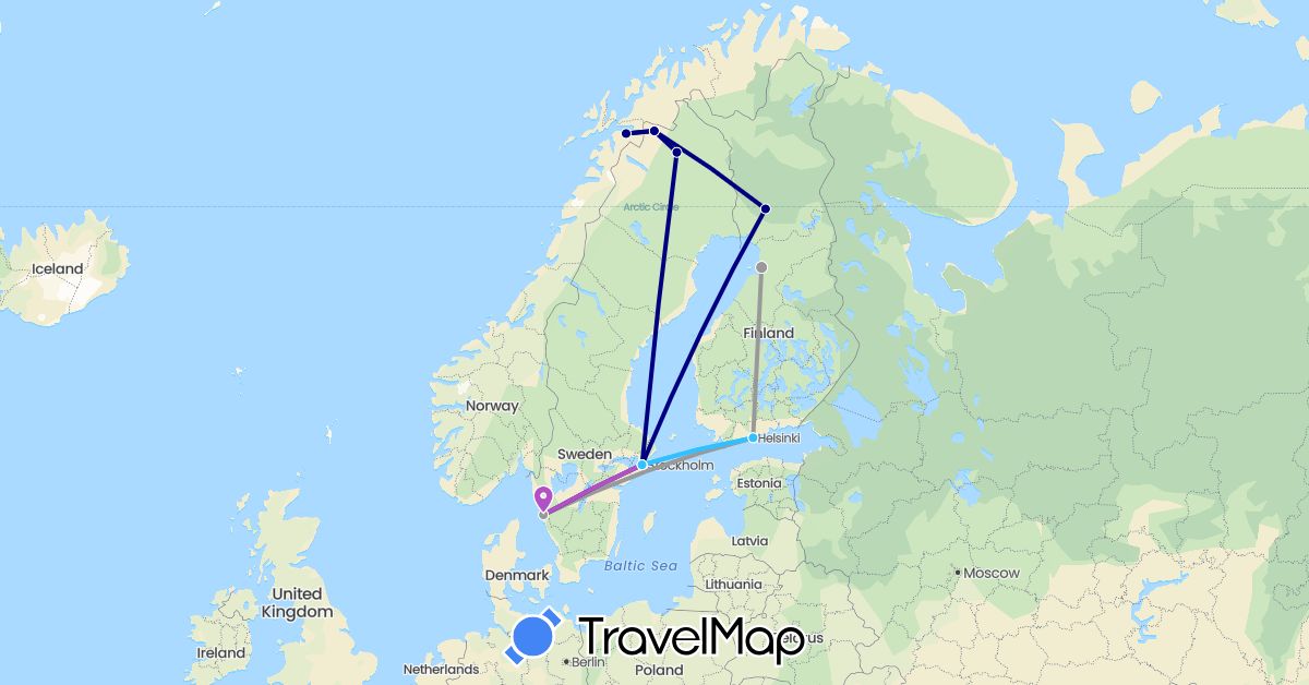 TravelMap itinerary: driving, plane, train, boat in Finland, Norway, Sweden (Europe)